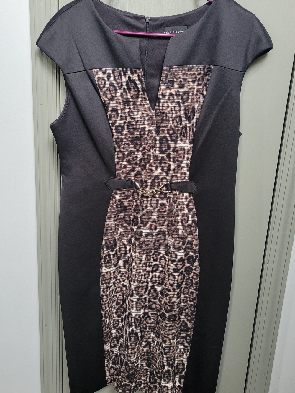 Leopard Print Panel Black Sheath Dress with Front Accent